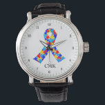 Autism Awareness Ribbon Personalized Watch<br><div class="desc">Beautiful autism ribbon filled with puzzle pieces in blue. A pretty autism awareness personalized watch gift. Monogram with your name.</div>