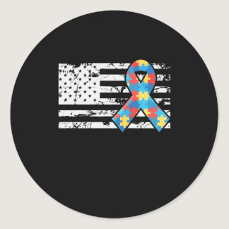 Autism Awareness Ribbon USA American Flag Classic Round Sticker