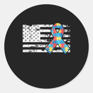 Autism Awareness Ribbon USA American Flag Classic Round Sticker