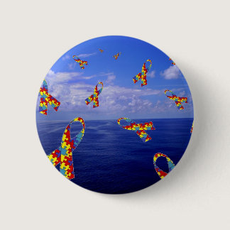Autism Awareness Ribbons Cascading Over the Sea Pinback Button