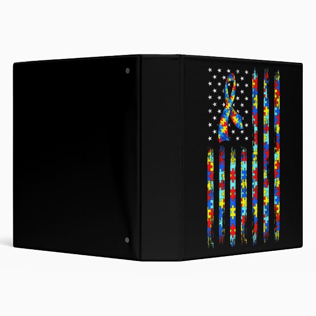 Autism Awareness Shirt American Flag Ribbon Puzzle 3 Ring Binder (Background)