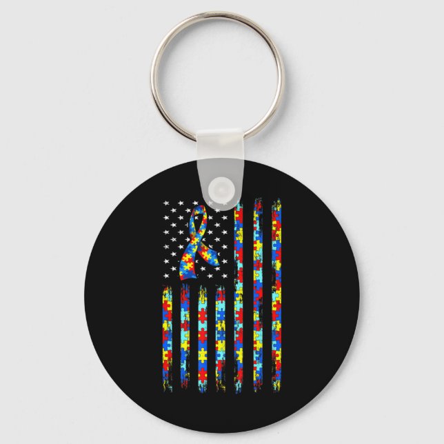 Autism Awareness Shirt American Flag Ribbon Puzzle Keychain (Front)