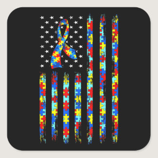 Autism Awareness Shirt American Flag Ribbon Puzzle Square Sticker