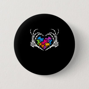 Autism Awareness Skeleton Heart Puzzle Piece Button