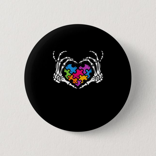 Autism Awareness Skeleton Heart Puzzle Piece Button (Front)