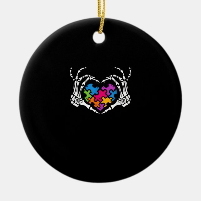 Autism Awareness Skeleton Heart Puzzle Piece Ceramic Ornament (Front)