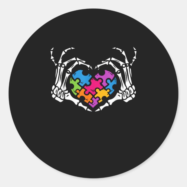 Autism Awareness Skeleton Heart Puzzle Piece Classic Round Sticker (Front)