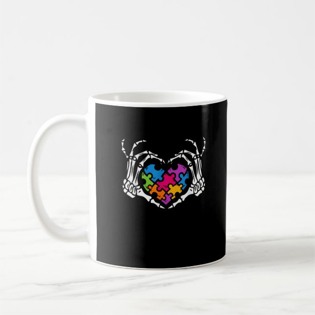 Autism Awareness Skeleton Heart Puzzle Piece Coffee Mug (Left)