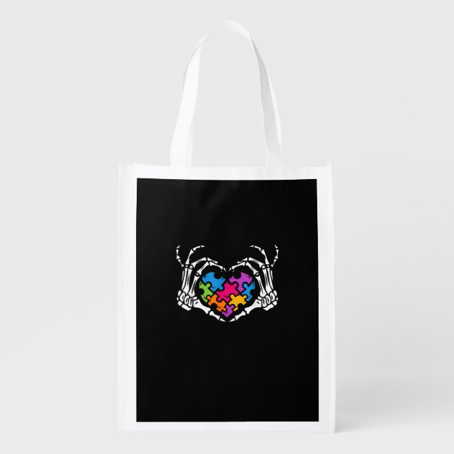 Autism Awareness Skeleton Heart Puzzle Piece Grocery Bag (Front)