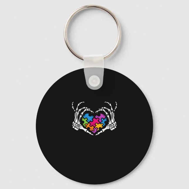 Autism Awareness Skeleton Heart Puzzle Piece Keychain (Front)
