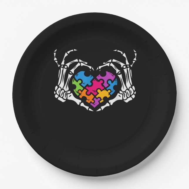Autism Awareness Skeleton Heart Puzzle Piece Paper Plates (Front)