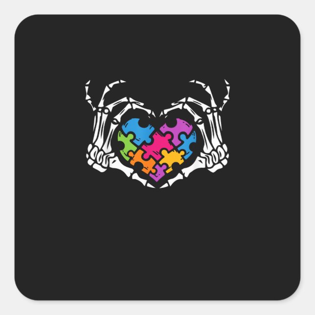 Autism Awareness Skeleton Heart Puzzle Piece Square Sticker (Front)