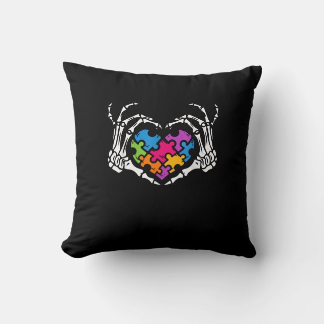 Autism Awareness Skeleton Heart Puzzle Piece Throw Pillow (Front)