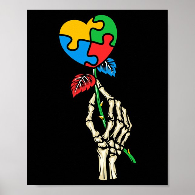 Autism Awareness Skull Hand Rose Autism Puzzle Pie Poster (Front)