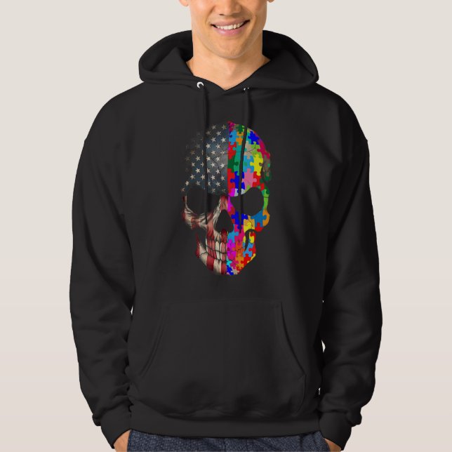 Autism Awareness Skull Puzzle Pieces Skull Autism  Hoodie (Front)