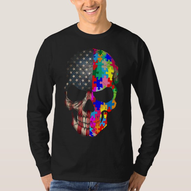 Autism Awareness Skull Puzzle Pieces Skull Autism  T-Shirt (Front)