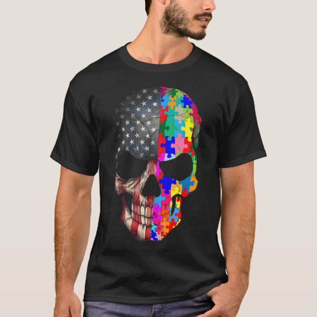 Autism Awareness Skull Puzzle Pieces Skull Autism  T-Shirt (Front)