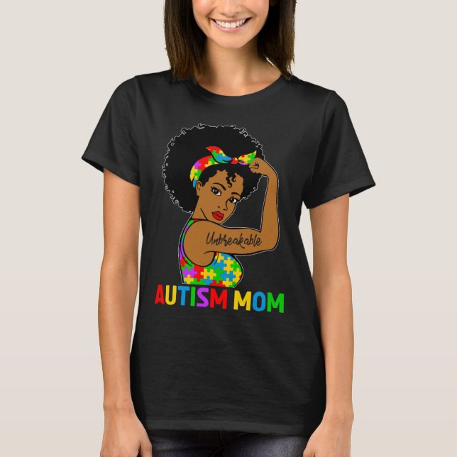 Autism Awareness Strong Autism Mom Afro Black Moth T-Shirt (Front)