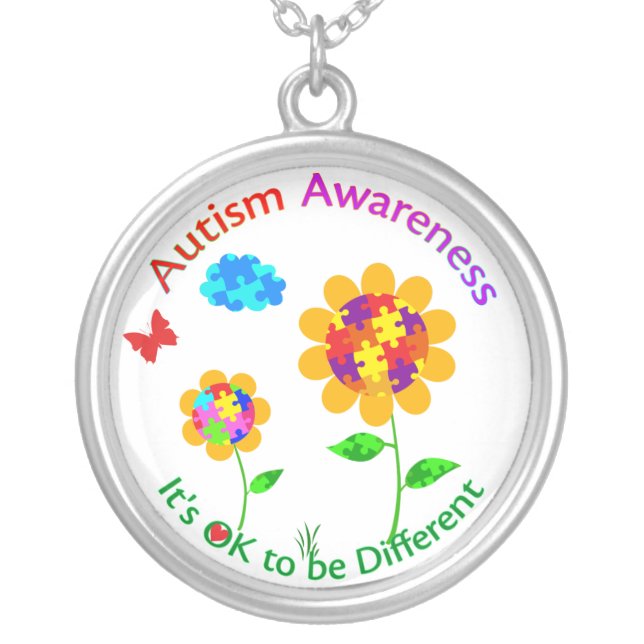 Autism Awareness Sunflower Silver Plated Necklace (Front)