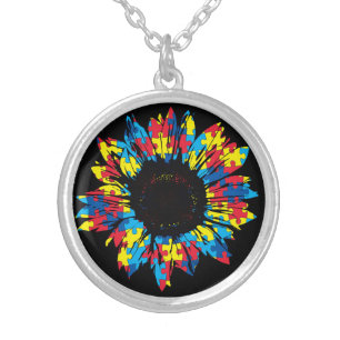 Autism Awareness Sunflower Silver Plated Necklace