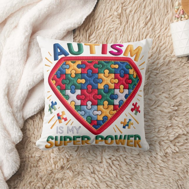 Autism Awareness Superhero Shield | Autism Is My S Throw Pillow (Blanket)