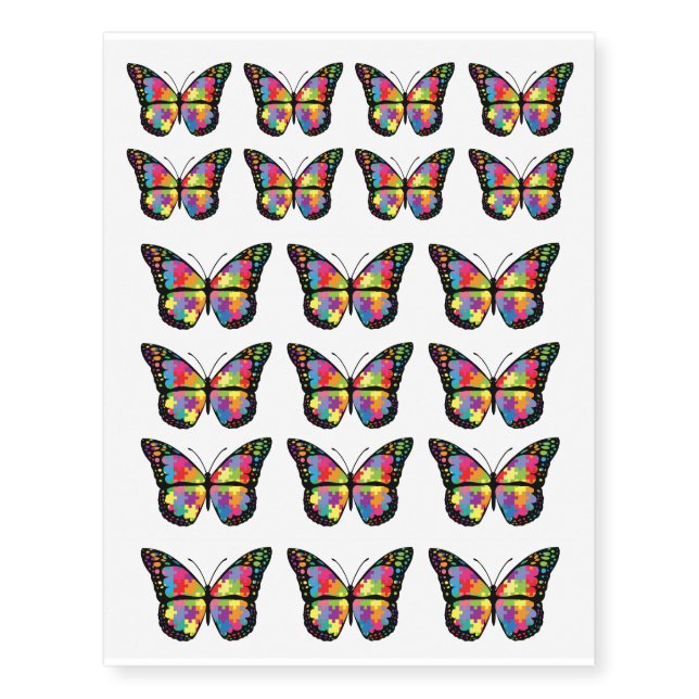 Autism Awareness Support Butterfly Puzzle Temporary Tattoos (Front)
