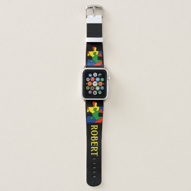 Autism Awareness Support Puzzle Piece Add NAME Apple Watch Band (Front)