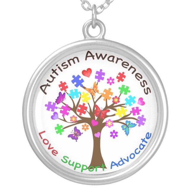 Autism Awareness Tree Silver Plated Necklace (Front)