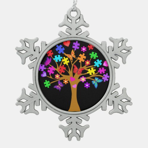 Autism Awareness Tree Snowflake Pewter Christmas Ornament