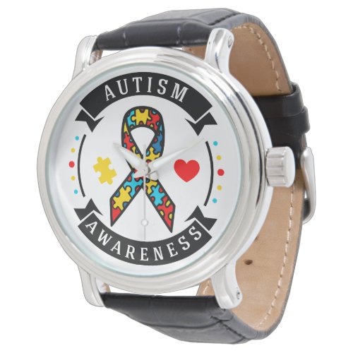 Autism Awareness Vintage Black Leather Strap Watch