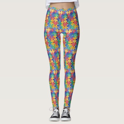 Autism awareness watercolor puzzle design leggings