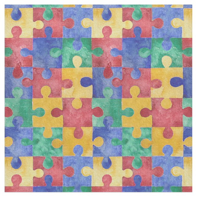Autism Awareness watercolor puzzle fabric (Close Up)