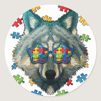 Autism Awareness Wolf Puzzle Sunglasses Autistic K Classic Round Sticker