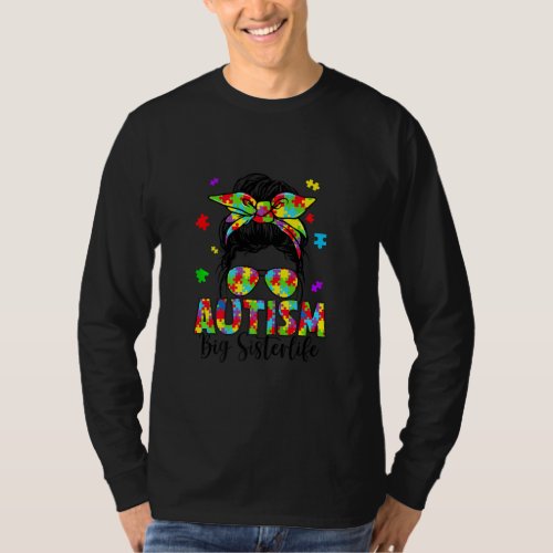 Autism Big Sister Messy Bun Puzzle Sunglasses Moth T_Shirt