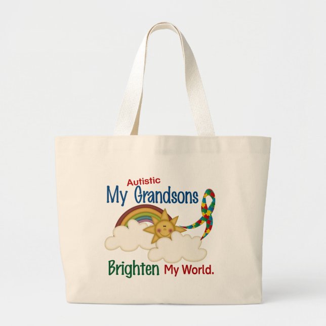 Autism BRIGHTEN MY WORLD 1 Grandsons Large Tote Bag (Front)