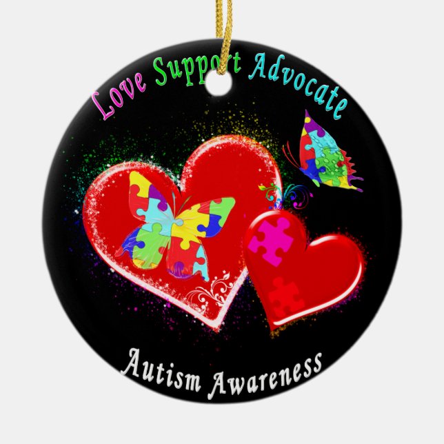 Autism Butterflies in Hearts Ceramic Ornament (Front)
