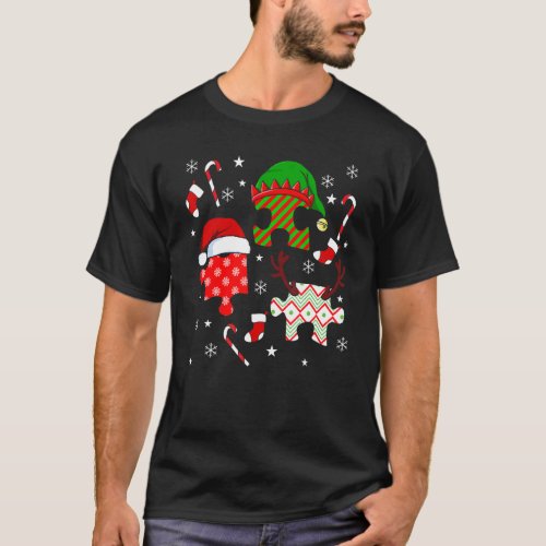 Autism Christmas Hat Puzzle Pieces Candy Cane ASD T-Shirt