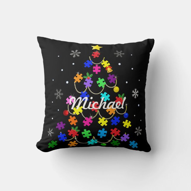 Autism Christmas Tree Throw Pillow (Front)