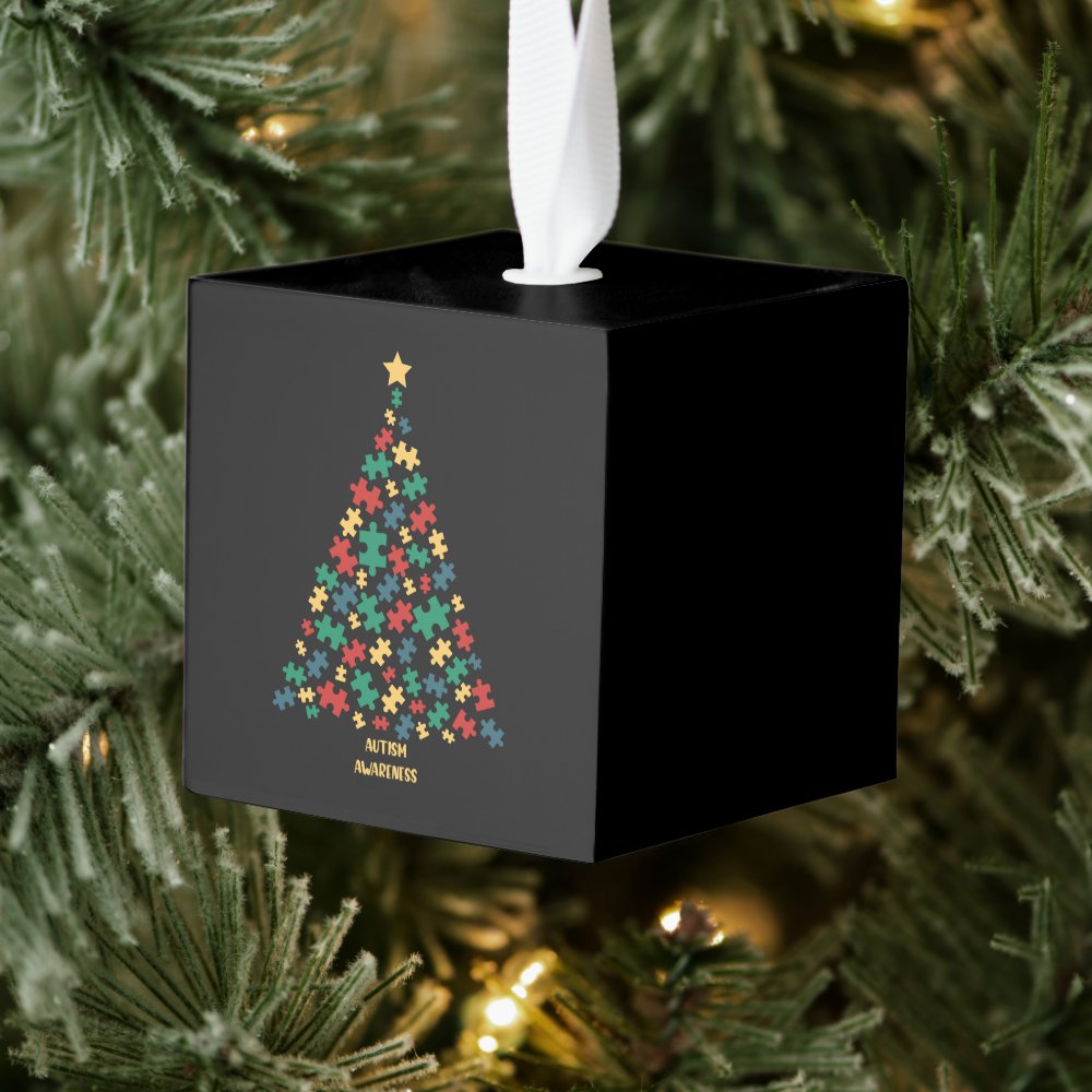 Disover Autism Awareness Xmas Cube Wooden Ornament