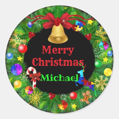 Autism Christmas Wreath Classic Round Sticker