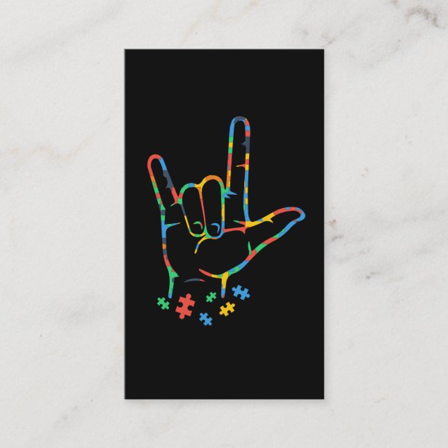 Autism Colorful Puzzle ASL Hand Sign Language Business Card (Front)