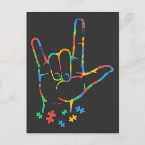 Autism Colorful Puzzle ASL Hand Sign Language Postcard