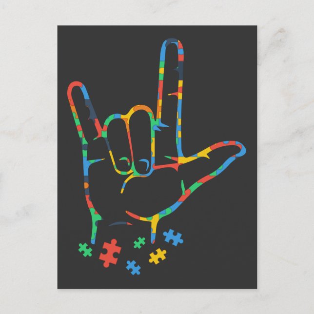 Autism Colorful Puzzle ASL Hand Sign Language Postcard (Front)