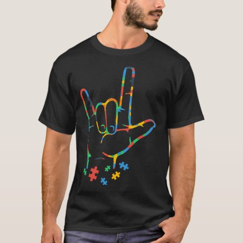 Autism Colorful Puzzle Asl Hand Sign Language T_Shirt