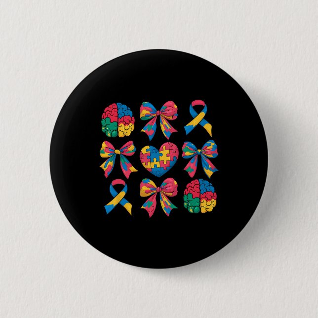 Autism Coquette Ribbon Bow Heart Puzzle Autism Awa Button (Front)