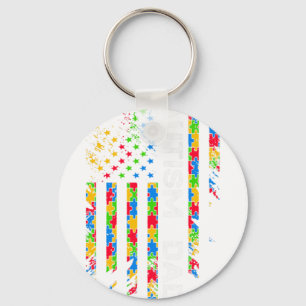 Autism Dad American Flag Puzzle Piece Men Father Keychain