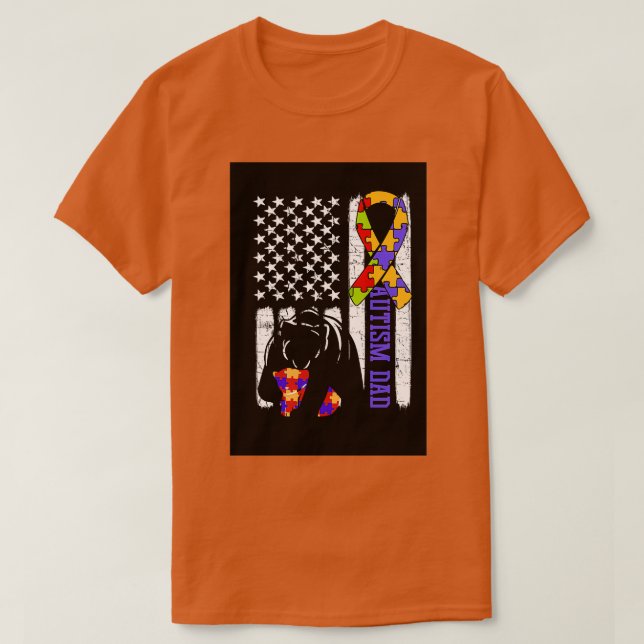 Autism Dad Awareness Ribbon Bear Mom American Flag T-Shirt (Design Front)