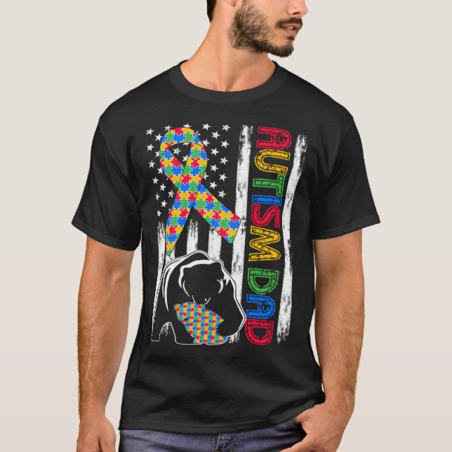Autism Dad Bear USA Flag Family Matching Autism Aw T-Shirt (Front)