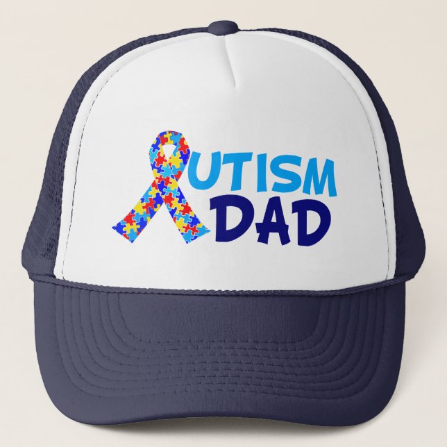 Autism Dad Father's Day Blue Awareness Ribbon Trucker Hat (Front)