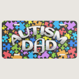 AUTISM DAD in WHITE Text | COLORED Puzzle Pieces L License Plate